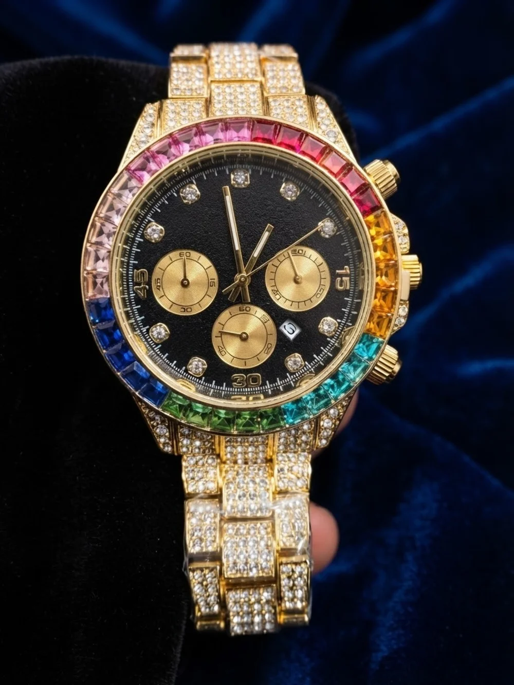 Brand New Gold Crystal Rainbow Bezel Luxury Chronograph Watch